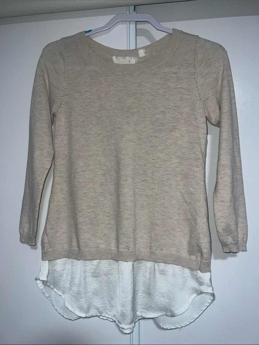 Anthropologie Angel Of The North Taupe Knit Top with White Layered Hem